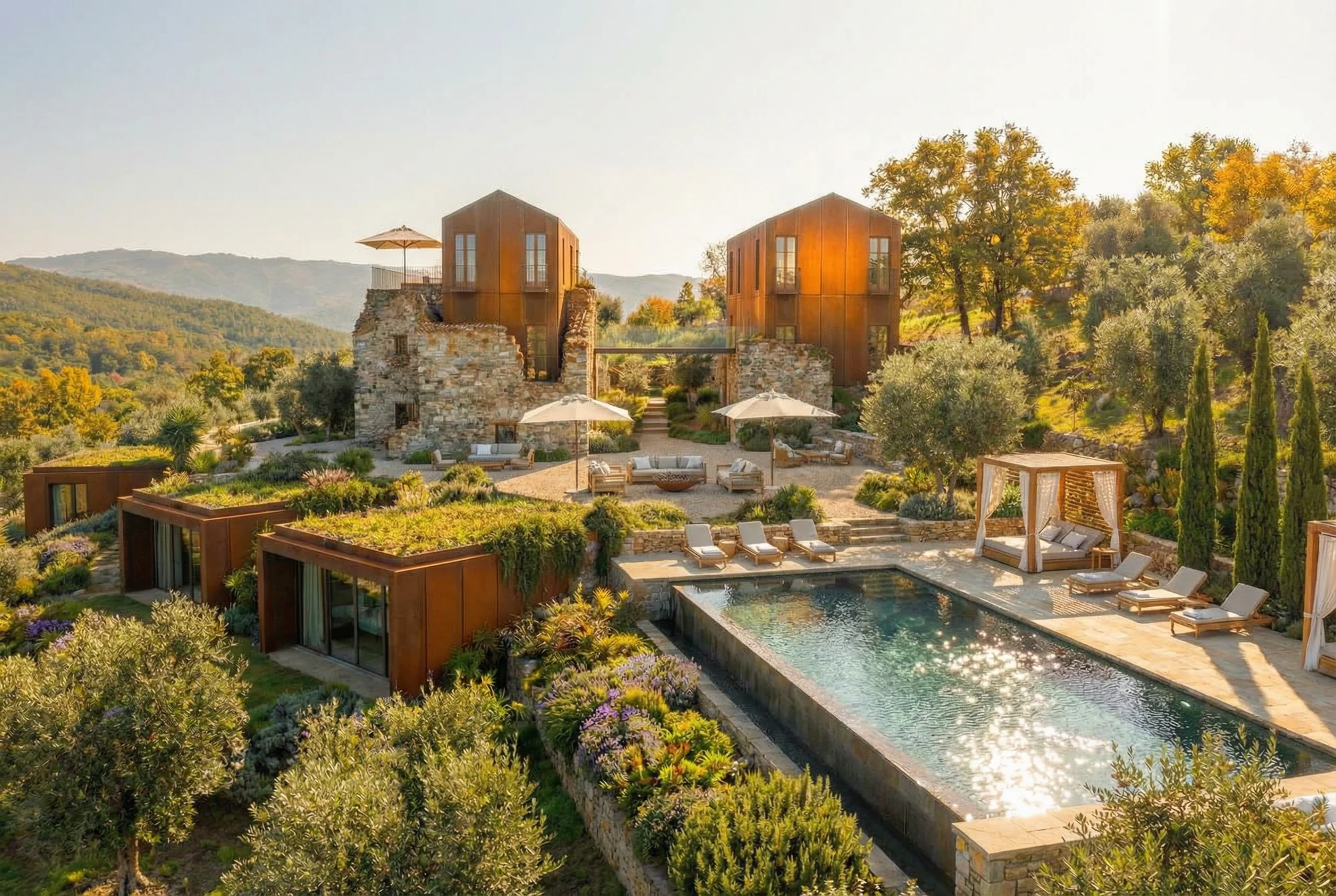 VILLA PIETRA D’ORO concept: stone ruins, contemporary volumes and planted terraces overlooking a pool